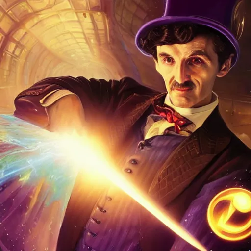 Image similar to portrait of nikola tesla as willy wonka, league of legends amazing splashscreen artwork, fantasy, splash art, natural light, elegant, photorealistic facial features, intricate, fantasy, detailed face, atmospheric lighting, anamorphic lens flare, cinematic lighting, league of legends splash art, hd wallpaper, ultra high details by greg rutkowski