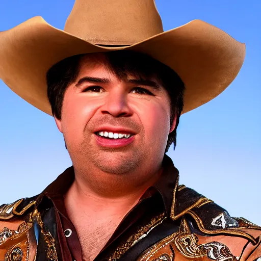 Prompt: close-up cinematic shot of Dan Schneider dressed as a cowboy in the desert, 8k, highly detailed, highly intricate, hd lighting,