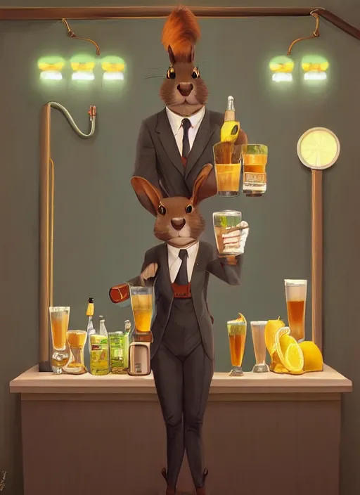 Prompt: squirrel anthro as a dapper bartender with a big, fluffy tail, retro futurism, art deco, detailed, painterly digital art by WLOP and Cory Loftis and Mark Arian, 🐿🍸🍋, furaffinity, trending on artstation