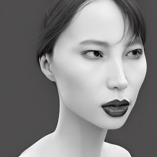 Prompt: a black and white photo of a woman's face, an ambient occlusion render by hsiao - ron cheng, zbrush central, mannerism, zbrush, ambient occlusion, digital painting