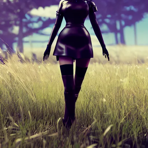 Image similar to 2B nier automata in a field, 4k, detailed face, blender render