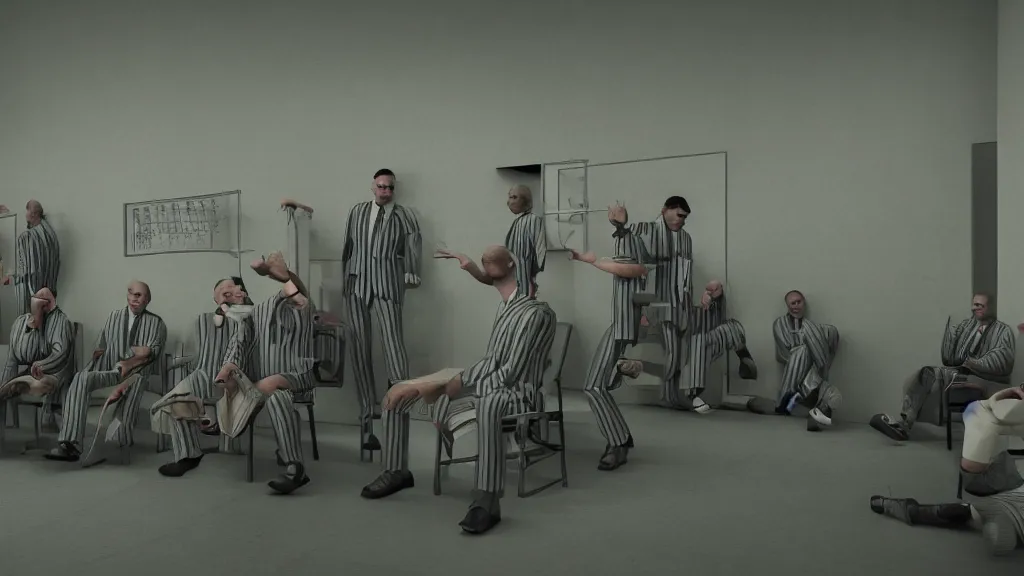 Image similar to prison inmates in striped suits sitting around a television bolted to the wall, rendered in octane, rendered in Corona, rendered in vray, rendered in Arnold, insanely detailed, photorealistic, cinematic, global illumination, no grain