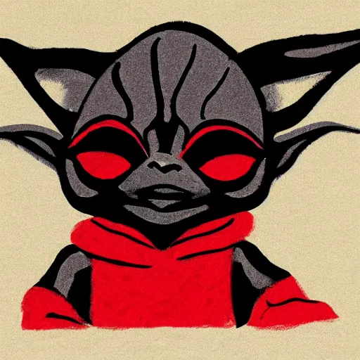 Image similar to abstract logo drawing of black and red baby yoda with black background, high contrast, 4k