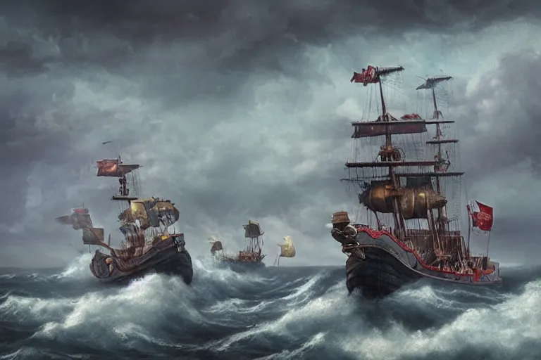 Image similar to epic pirate ship cannon battle in a storm, in the style of vernon grant and chris van allsburg, raging stormy sea, trending on artstation, bright tilt - shift camcorder effect, photoshop, retrowave, hyperrealism, octane, sharp focus, masterpiece