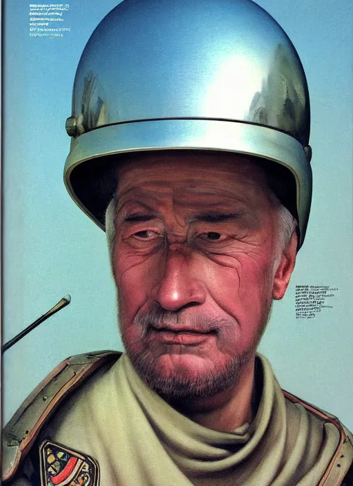 Image similar to beautiful extreme closeup portrait photo Emperor in style of frontiers in helmet motoracing dirt Helmets of Emperor Charles V the Wise, with a golf club, science fashion magazine September, retrofuturism edition, highly detailed, soft lighting, elegant , lighting, 35mm , Edward Hopper and James Gilleard, Zdzislaw Beksinski, Steven Outram, highly detailed