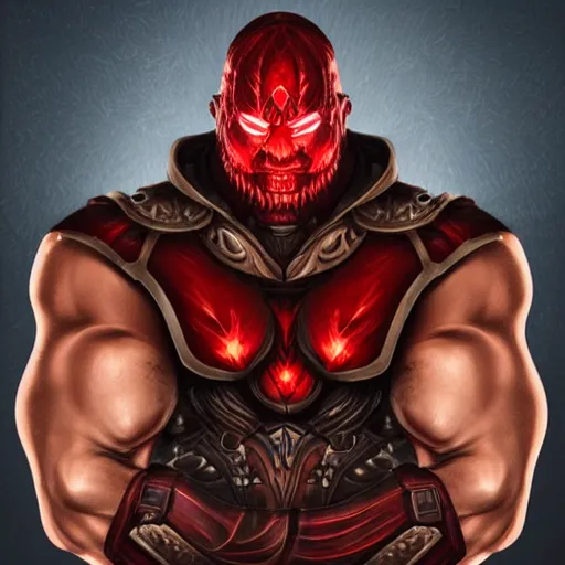 Prompt: a highly detailed character portrait of a muscular man wearing a epic shadow armor with glowing red eyes