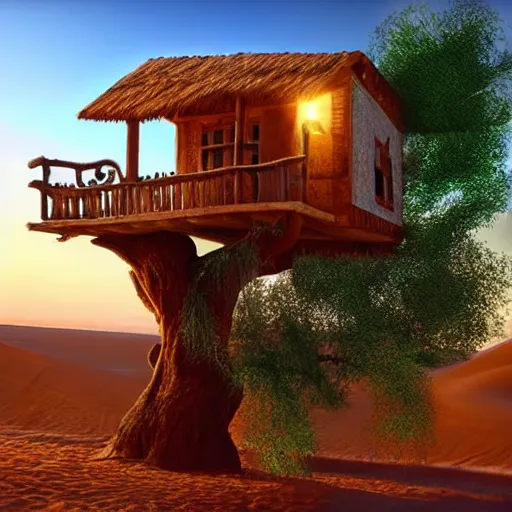 Prompt: Andalusian tree house in the desert, ladder, Pixar, sparkly