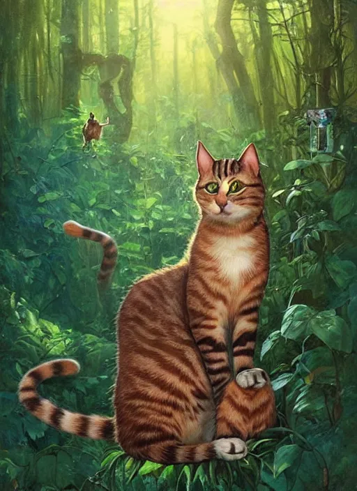 Image similar to a cat with happy lighting and technology jewelry in the woods gorgeous lighting, sunbeams blue sky, lush forest foliage painting by chiara bautista and beksinski and norman rockwell and greg rutkowski weta studio, and lucasfilm