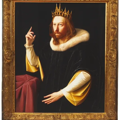 Image similar to a wolf wearing a crown and cape, renaissance style portrait painting, dark background