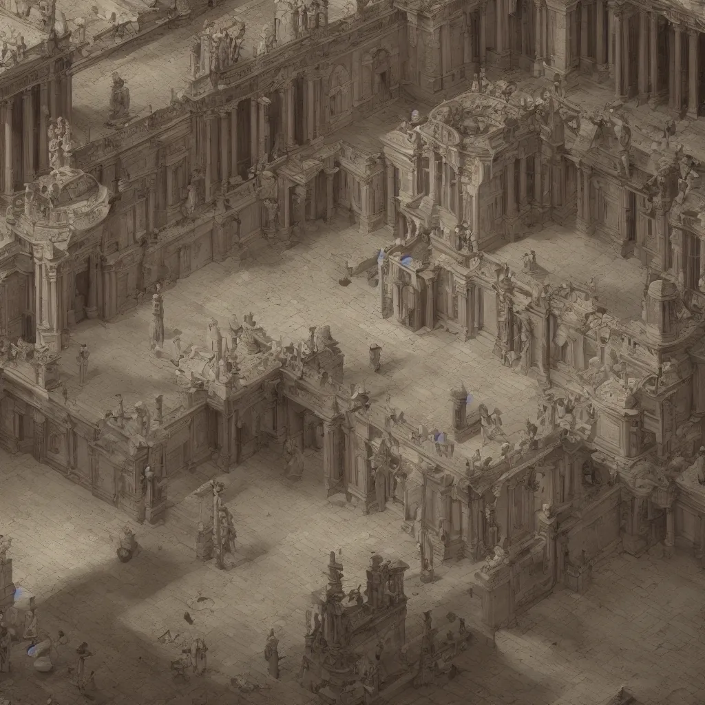 Prompt: an immaculate isometric octane redshift rendering of a 1700s french court at day in the royal palace littered. ambient occlusion. volumetric lighting.