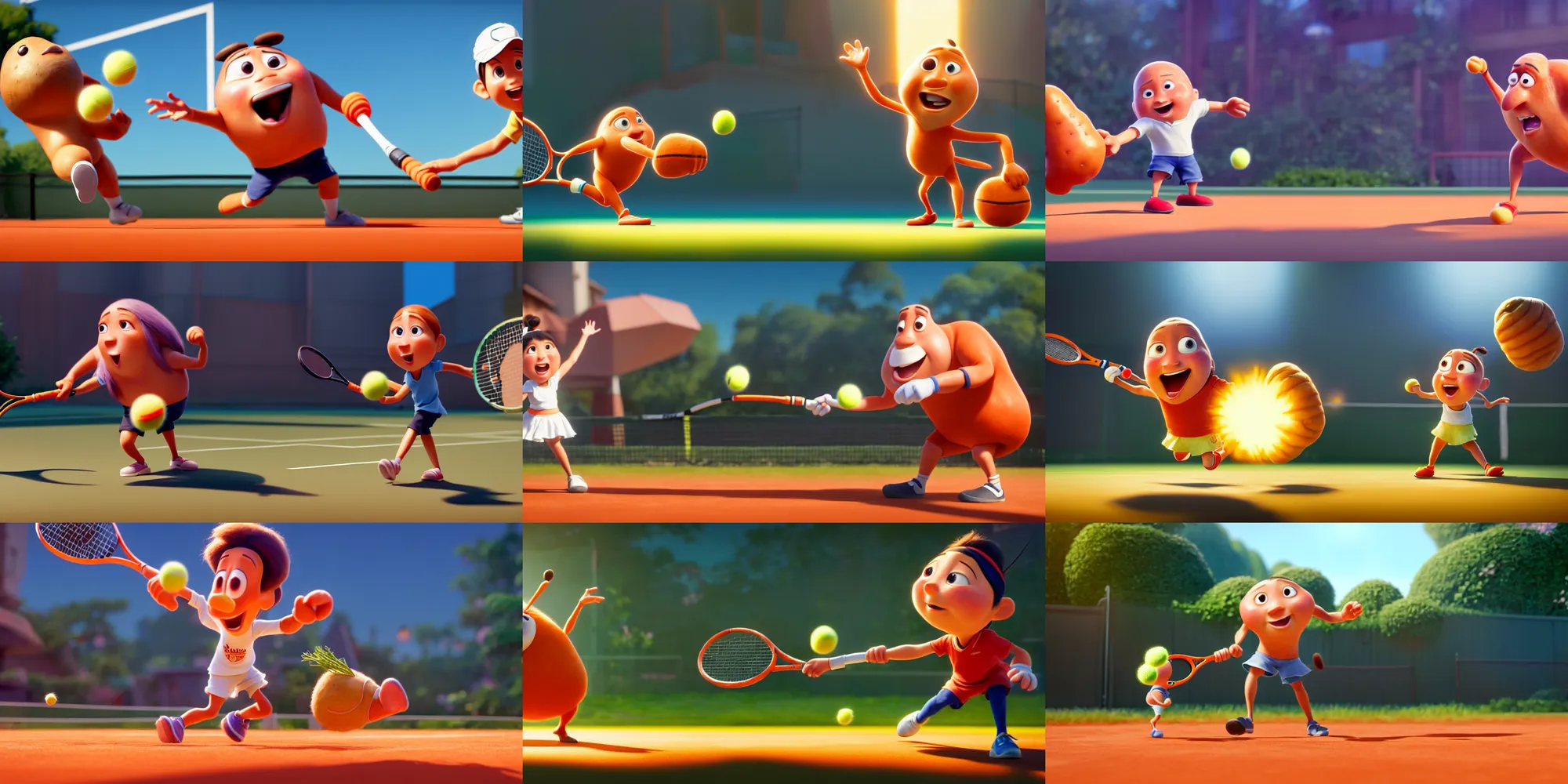 Prompt: a wholesome animation key shot of a potatoe playing tennis with a macho carrot, medium shot, waist up, pixar and disney animation, sharp, rendered in unreal engine 5, anime key art by greg rutkowski, bloom, dramatic lighting