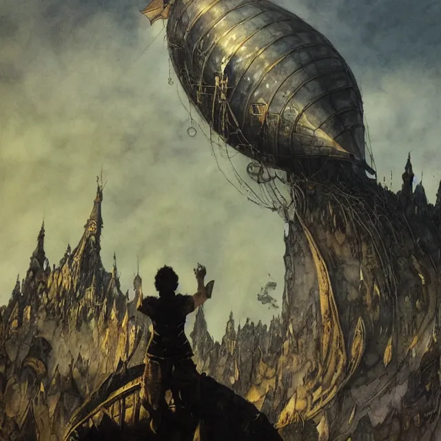 Image similar to Fantasy village, the inhabitant looking up at the sky. The sky is completely covered to the horizon by an incredibly huge airship-like ship. Extremely high detail, realistic, dark fantasy art, masterpiece, 8k, octane rendering, Arthur Rackham painting, art by Victoria Frances, Frank Frazetta.