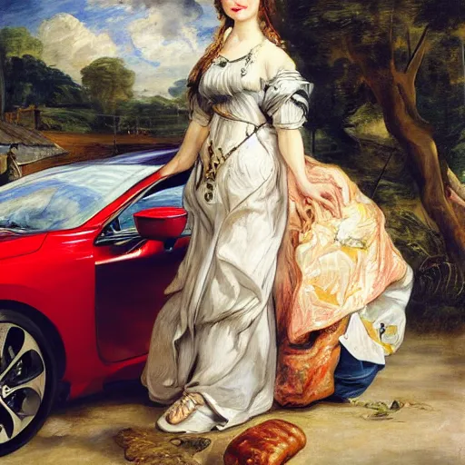 Image similar to heavenly summer sharp land sphere scallop well dressed lady standing next to a honda civic, auslese, by peter paul rubens and eugene delacroix and karol bak, hyperrealism, digital illustration, fauvist, standing next to a honda civic