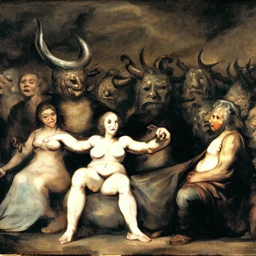 Prompt: A crowd of peasants and a pale woman sitting around a monster with horns, Francisco Goya style, full hd, dark