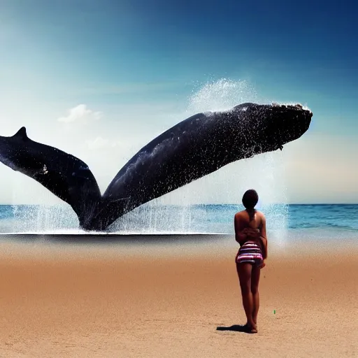 Image similar to whale exploding on a beach with people standing nearby hyperrealistic 4 k