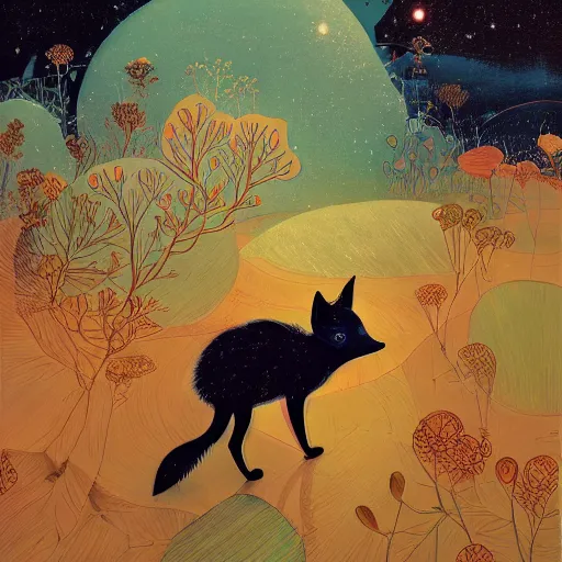 Prompt: little curious fox on the prowl oil painting victo ngai