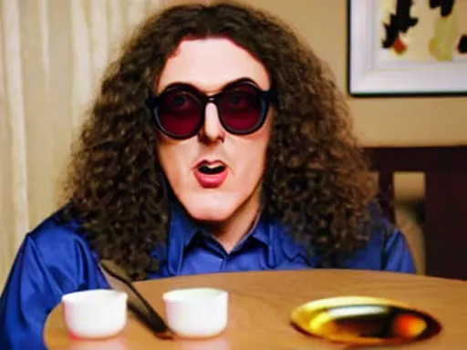 Image similar to weird al sentimentally looking at a spoon on a table