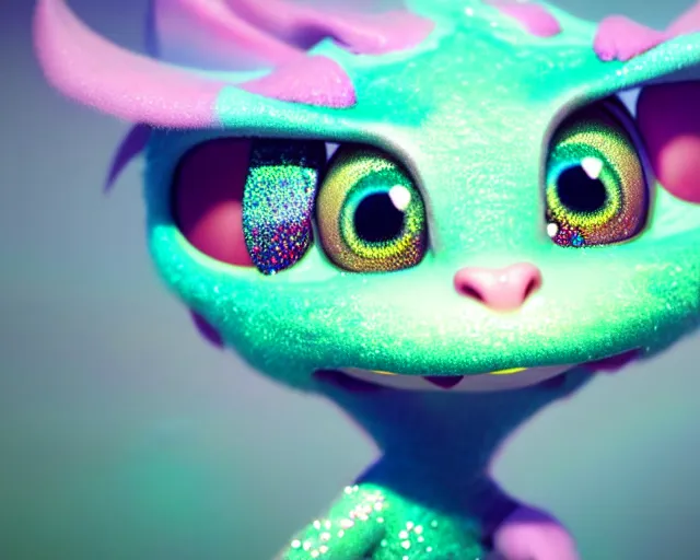 Prompt: character design of a cute baby dragon, big eyes, soft scale texture, pastel colours, colorful, shiny glitter crystals, cute, adorable, pixar animation style, detailed, soft light, octane render, cute, 4 k,