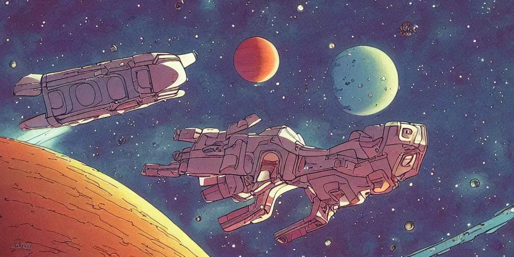 Prompt: beautiful sky cosmic stars spaceship illustration, art by ghibli moebius, comics art