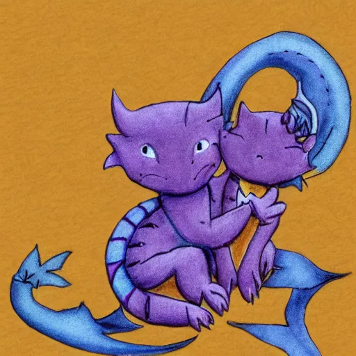 Image similar to small cute purple dragon, the dragon is hugging an orange tabby cat, soft, cozy