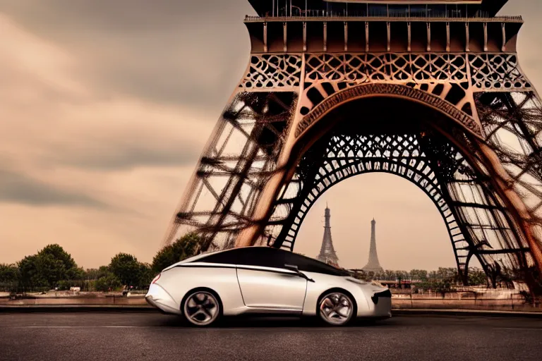 Prompt: a car that looks like the eiffel tower, cinematic photograph, car commercial photograph, amazing lighting, stunning,