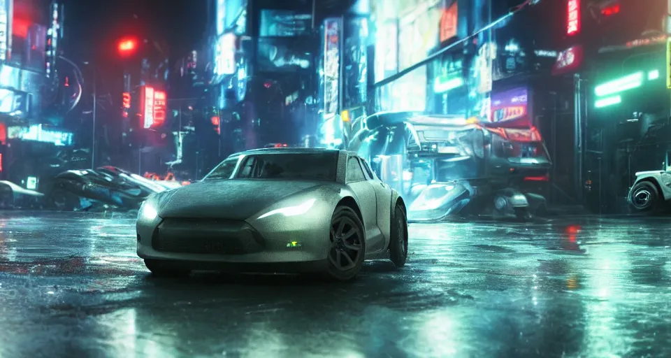 Image similar to closeup photo of combat tesla cybertruck driving on wet dystopian cyberpunk city streets at night, mad max, action, speed, volumetric lighting, hdr, need for speed, gta 5, forza, makoto shinkai, syd mead, craig mullins, cinematic, fast and furious, blade runner, octane, 8 k, iso 1 0 0, 1 2 mm