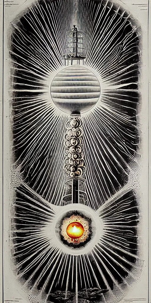 Image similar to an alchemical fiery lighthouse radiates a unique canto'as above so below'while being ignited by the spirit of haeckel and robert fludd, breakthrough is iminent, glory be to the magic within, in honor of saturn, painted by ronny khalil
