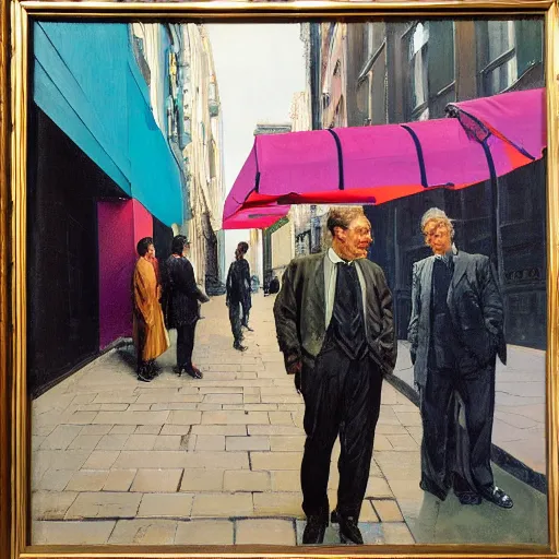 Prompt: high quality high detail painting of two men talking in the city streets of london by lucian freud and edward hopper and jenny saville and francis bacon and norman rockwell and malcom liepke and nicola samori, hd, turquoise and purple and orange and pink, dark atmosphere