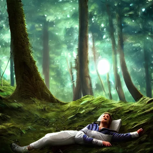 Prompt: astronaut lying on the forest, photo realistic, concept art, matte painting, high detailed, high quality, 4k, 8k, HD, Art Station