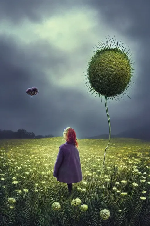 Image similar to portrait, enormous thistle flower head, girl wearing a coat in field, surreal photography, wind, cloudy sky, dramatic light, impressionist painting, digital painting, artstation, simon stalenhag