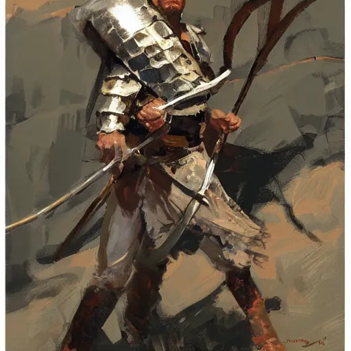 Image similar to portrait of rider wearing chainmail holding bow, detailed by greg manchess, craig mullins, bernie fuchs, walter everett, low angle