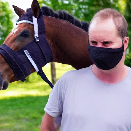 Prompt: man wearing horse head mask on shoulder of man