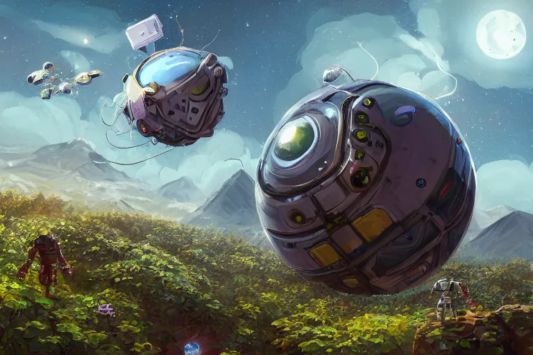 Prompt: computer game art, a flying buddy robot nearby, a small planet in the future, a Tinker's shack on a barren planet, wild berry vines, a berry farm, space junk, volcanoes, digital painting, highly detailed, dynamic, concept art, trending on artstation, realistic