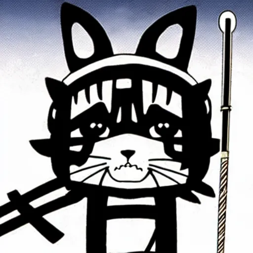Image similar to anime key visual of hayao miyazaki studio ghibli, short - hair tabby cat wearing samurai armor, kurosawa black and white