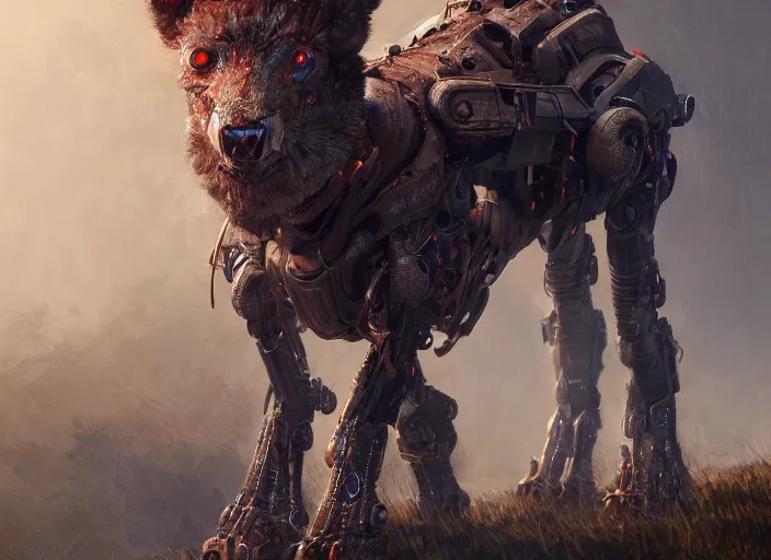 Prompt: detailed full body concept art illustration oil painting of a robotic animal with intricate fur and armor, ultra detailed, digital art, octane render, dystopian, zero dawn, 4k