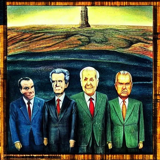 Prompt: “Past United States presidents Ragen, Nixon and Bush are traversing a bizzare landscape; Artist, Salvador Dali, Surrealism”