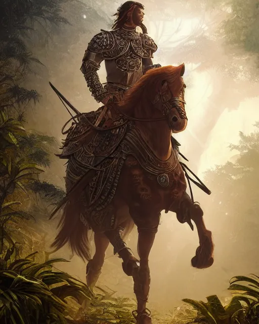 Image similar to ultra realistic illustration of a spanish conquistador wearing ornate armor and riding a horse in a dense foggy jungle environment by artgerm and and greg rutkowski and studio ghibli, octane, studio ghibli color scheme, intricate, portrait, anatomy, artstation, cinematic lighting, sharp focus, portrait, tarot card