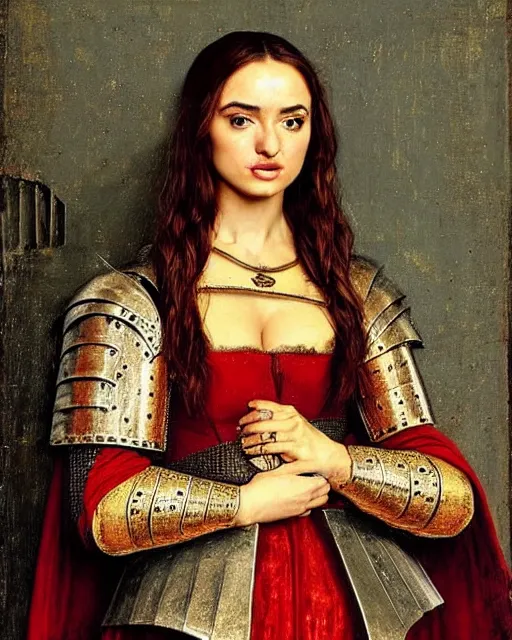 Image similar to medieval portrait of stunning ana de armas, dressed as an armored knight, perfect face, in the style of eugene de blaas