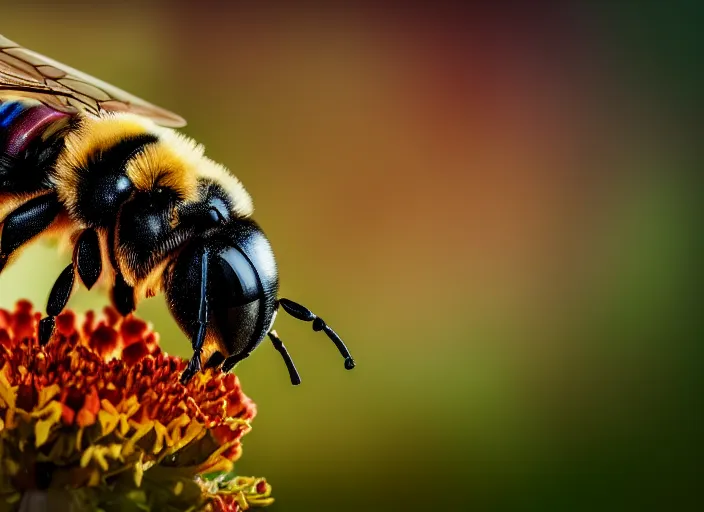 Image similar to super macro of a mechanical bee drinking from a flower in the forest. fantasy horror cyberpunk style. highly detailed 8 k. intricate. nikon d 8 5 0 3 0 0 mm. award winning photography.
