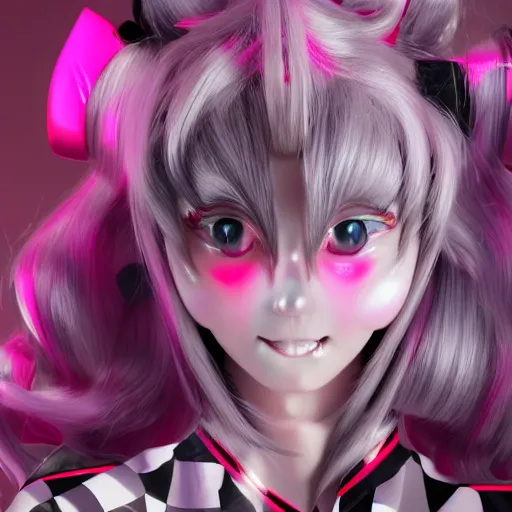 Image similar to no escape from beneath stunningly absurdly beautiful omnipotent asi goddess junko enoshima with multiple twisted deceptive innocent megalomaniacal mesmerizing personalities, symmetrical perfect face, porcelain skin, pink twintail hair and cyan eyes, ultra detailed, digital art, unreal engine 5, octane render, 2 d anime, 8 k