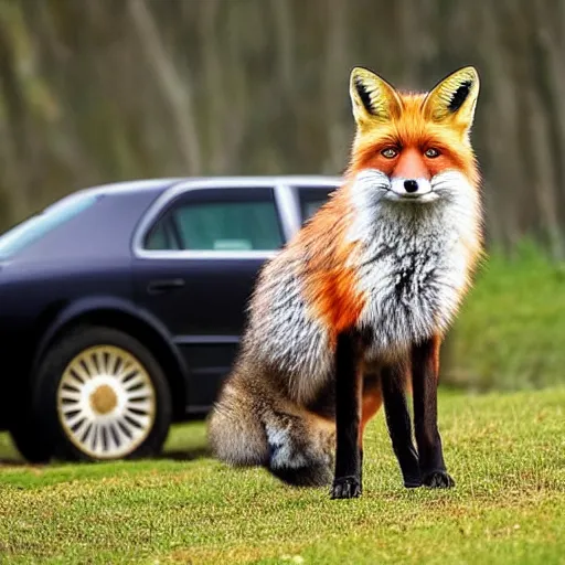 Image similar to fox animal stood next to a limousine, award winning photograph