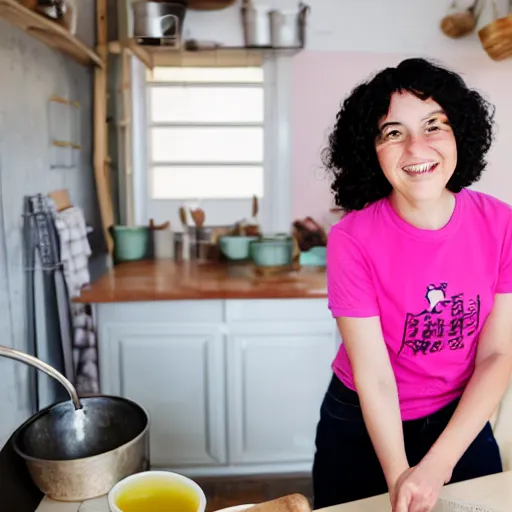 Prompt: portrait of a smiling woman with dark curly hair in a pink t-shirt shirt and high-rise jeans making sourdough in sunlit kitchen, by studio ghibli