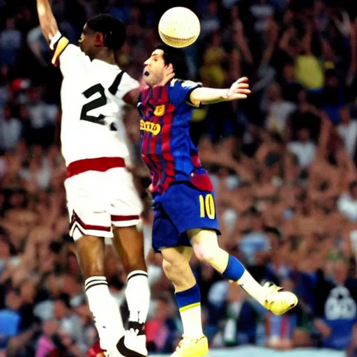 Image similar to lionel messi doing a slam dunk next to michael jordan