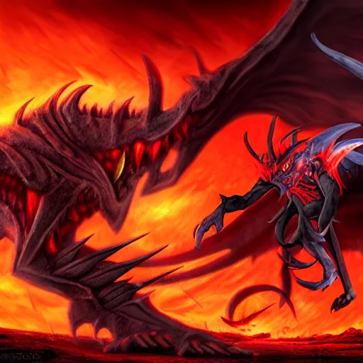 Image similar to a hyper realistic photo of the demon lord aatrox fighting against leg guy the unbeatable on a barren hellscape surrounded by a ring of fire, ultra detailed, hdr, 8 k