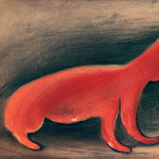 Prompt: Red long dog chasing its own tail. in the art style of William Turner. Minimalistic composition. High resolution. High details.