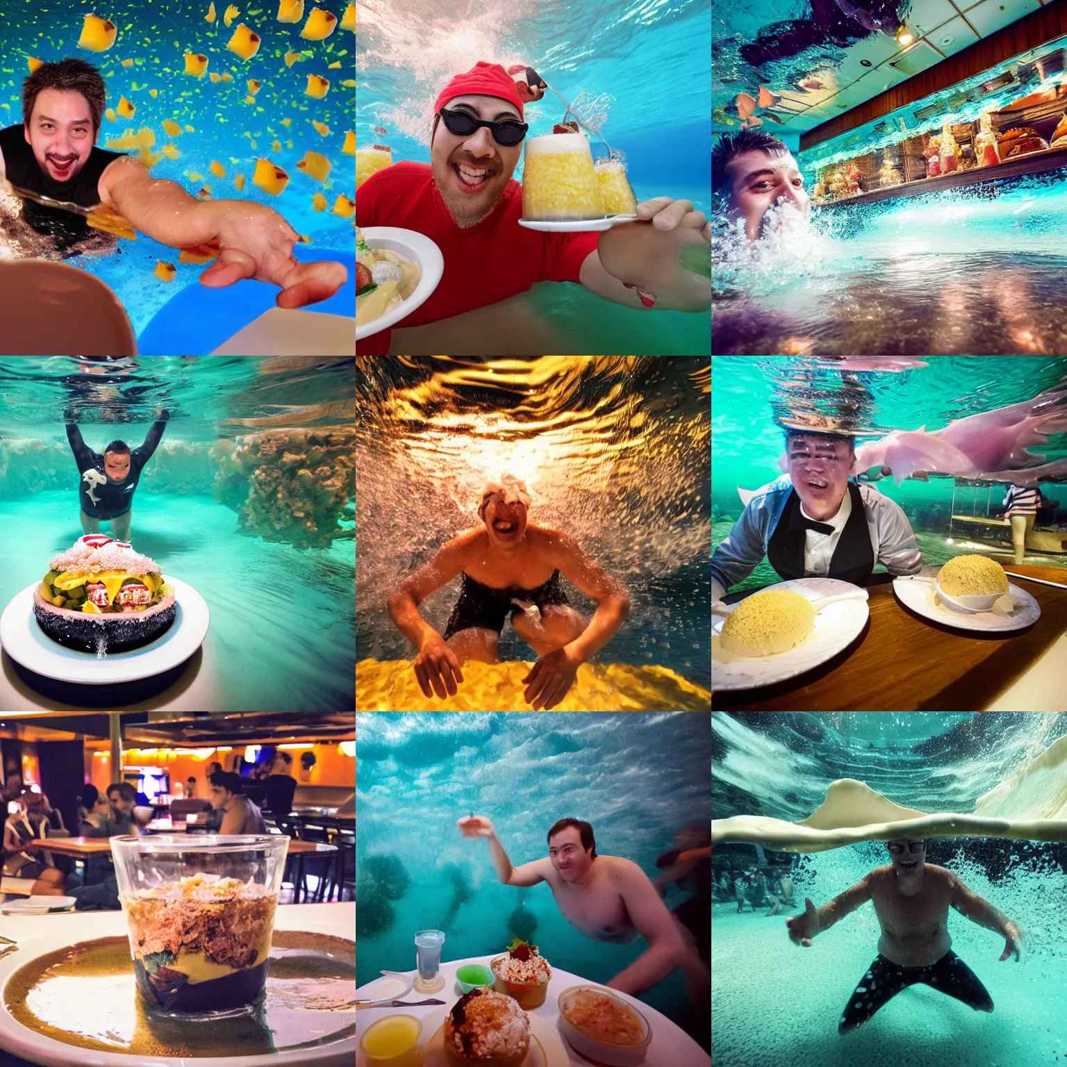 Prompt: man drowning, trying to swim in giant parfait ocean, sea of parfait, flash photography taken in restaurant