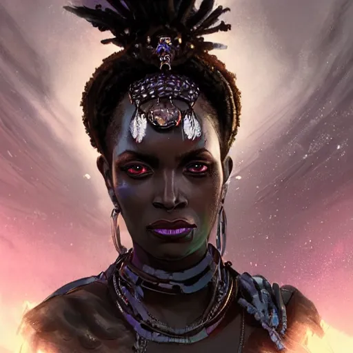 Prompt: a dark and ominous african queen with glowing eyes, a black diamond in her forehead, and jewelry made of bones, Apex Legends character digital illustration portrait design, by android jones and greg rutkowski in a cyberpunk voodoo style, detailed, cinematic lighting, wide angle action dynamic portrait