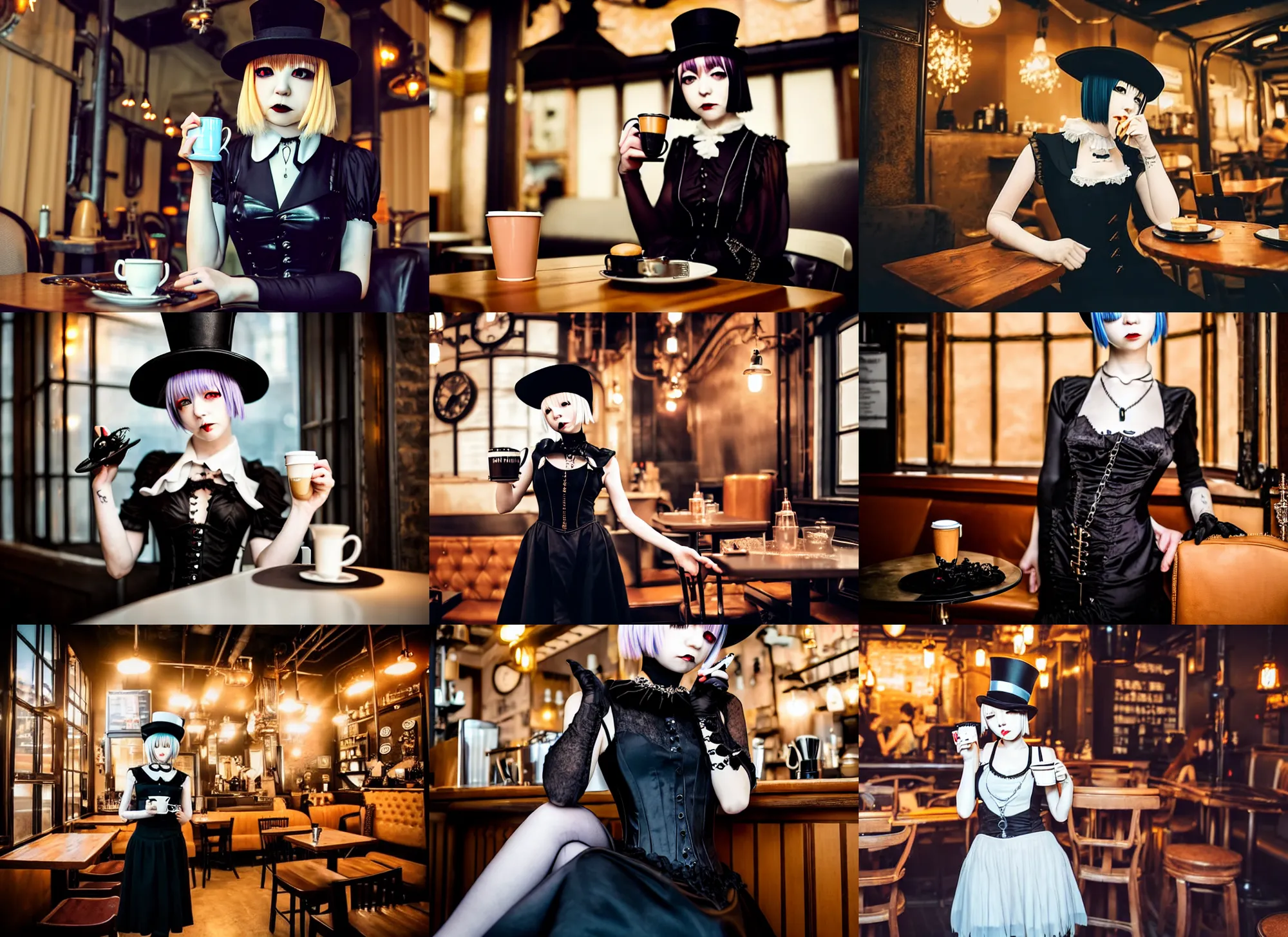 Prompt: full body portrait photo of reol wearing a elegant gothic dress, open top, wearing a tiny tophat, drinking coffee in a ( ( busy ) ) steampunk cafe interior, dim studio lighting, at night, ( ( photograph ) ), moody, realistic, detailed, low light, skin tinted a warm tone, light blue filter