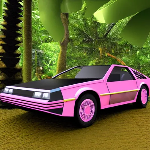 Prompt: primitive, low polygon render of a pink delorean in the jungle