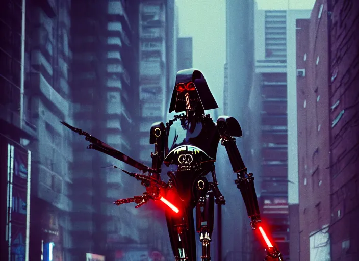 Image similar to 3 5 mm portrait photo of ( general grievous )!! with heavy duty biomechanical cybernetic body with ( four arms holding 4 activated red lightsabers )!! in the city in the rain. cyberpunk horror style.